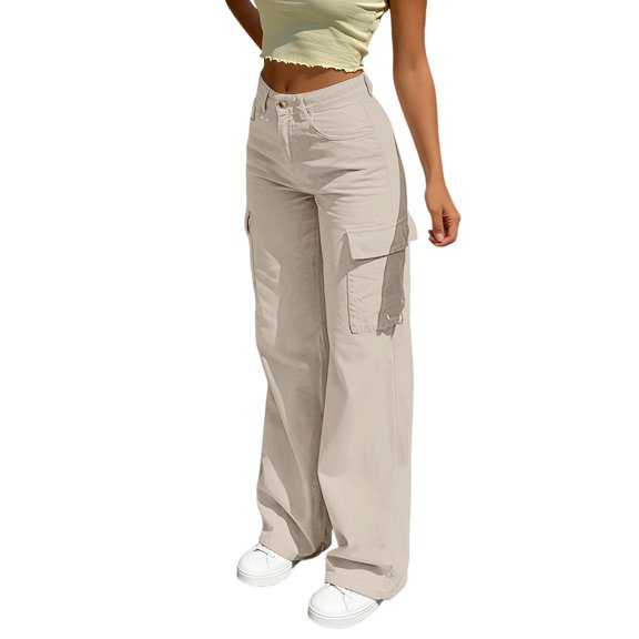 RUTAYY Women's Cargo Pants High Waist Casual Loose Fit with Pocket Comfortable Daily Wear Long Streetwear Relaxed Holiday Trousers