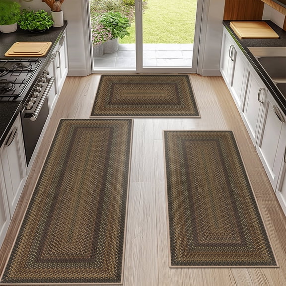Ileading Boho Kitchen Rugs Sets 3 Piece with Runner Non Slip Kitchen Mats for Floor Washable Brown
