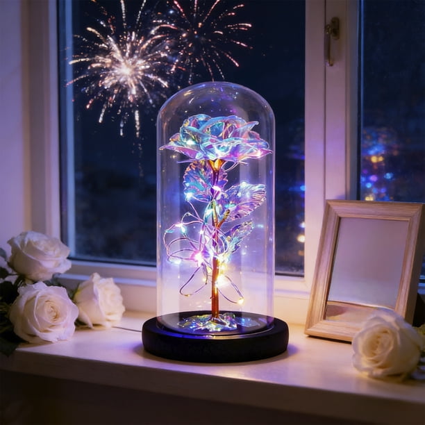 1Pcs 9.05x4.52" Glass Dome Preserved Rose Night Light with Multicolor LED Lights and Butterflies Valentine's Day Birthday Gift for Women Featuring Glowing Roses and Starry Sky Design1Pcs JASKFLY