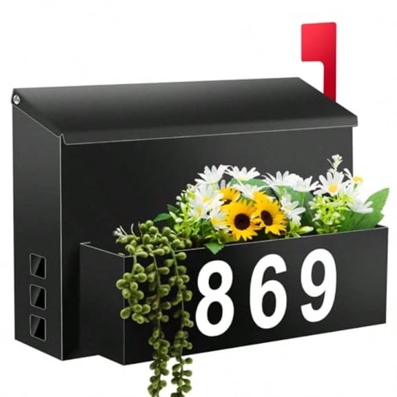 Wall-Mount Mailbox with Flag Large Capacity Mailboxes for Outside House with Planter and 3 Sets of 0-9 Mailbox Number Stickers Gaanized Steel Rust-Proof Post Box Metal Mail Box Black