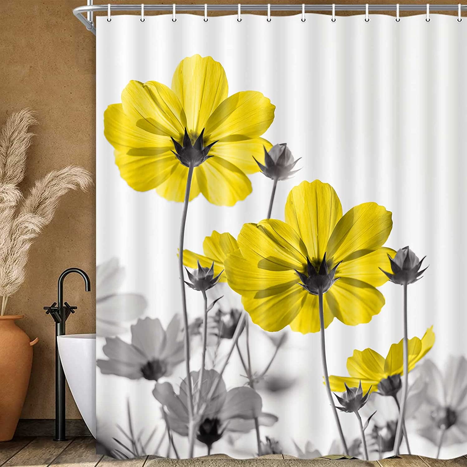 Unique Floral Yellow Shower Curtain for Bathroom Decor, Yellow and Grey ...