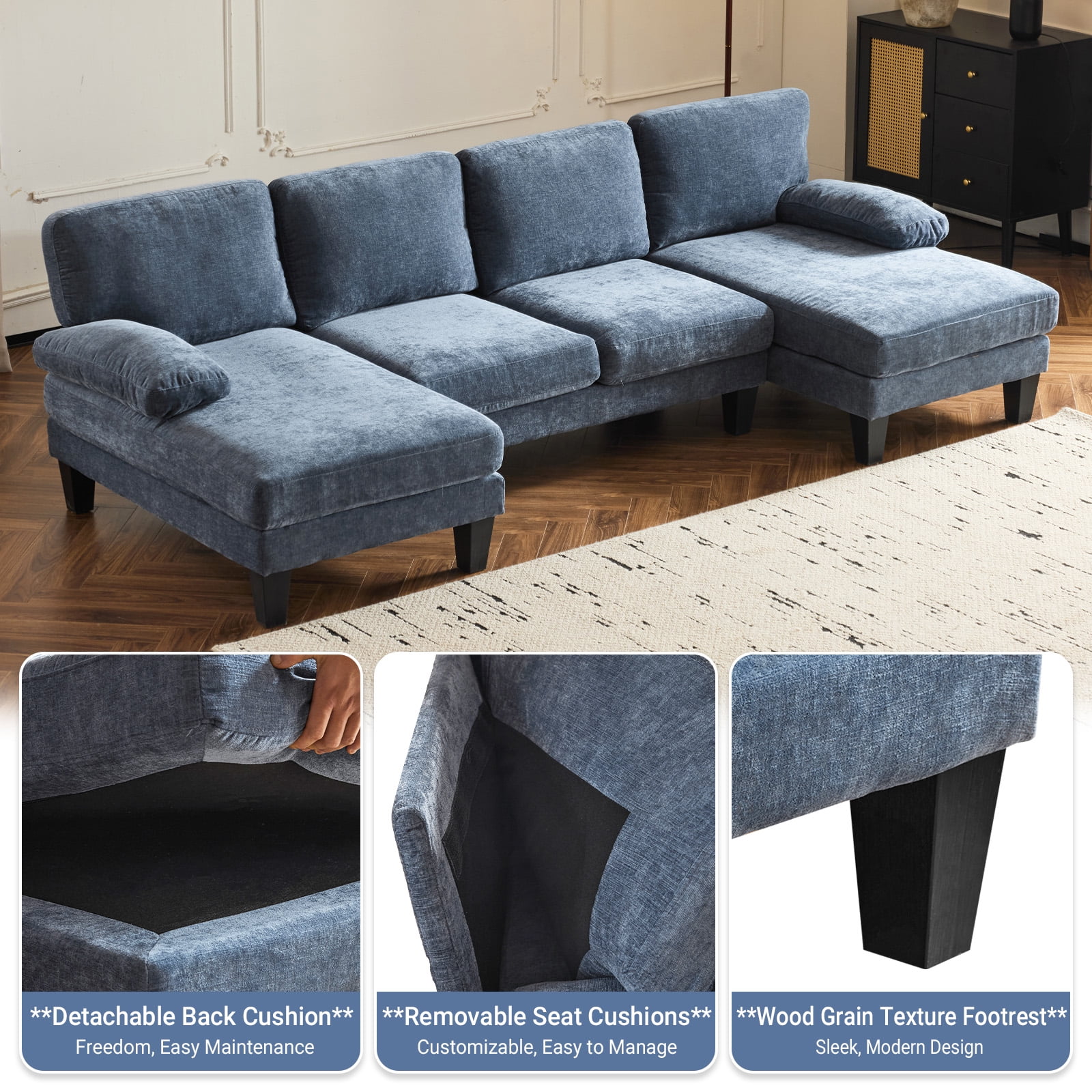 Ktaxon U-Shaped Sectional Sofa, 111"  Chenille Couch, 4 Seat Lounge Sleeper with Double Chaise for Living Room Blue