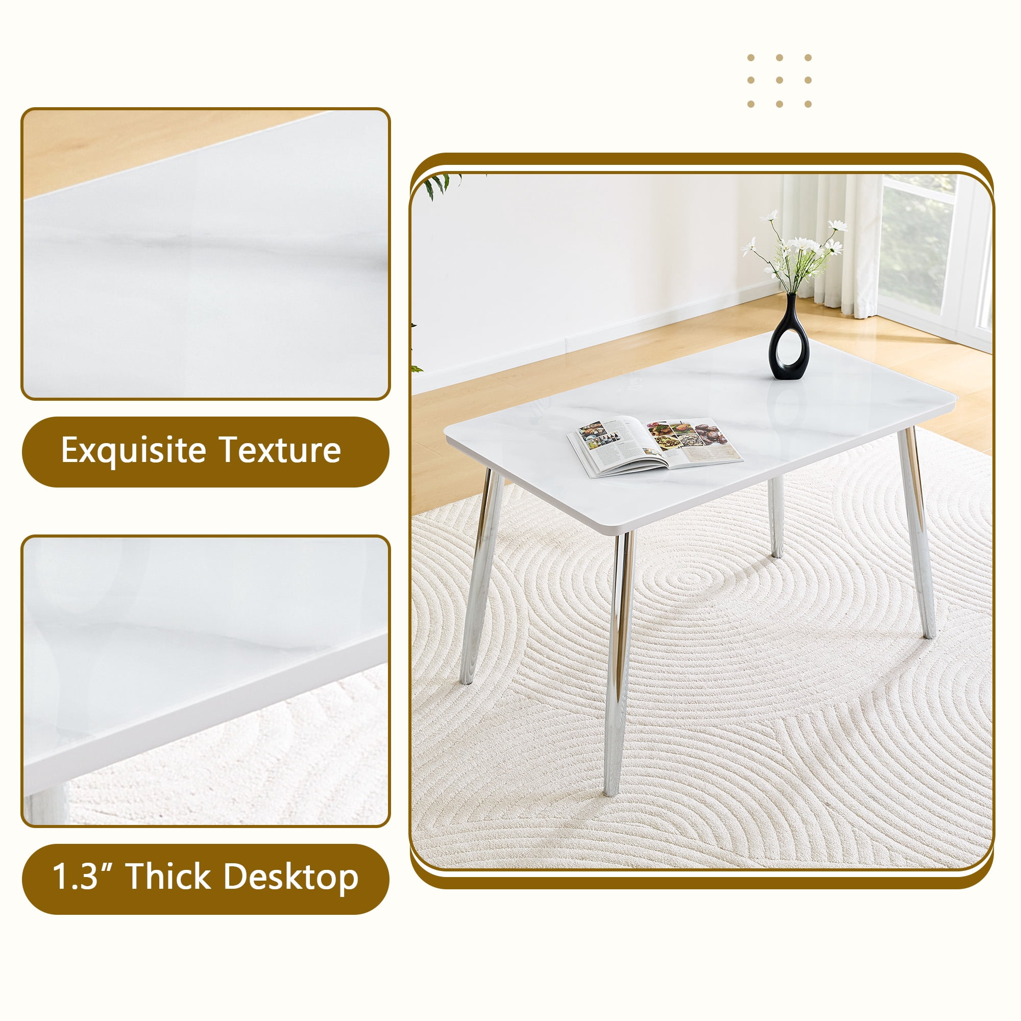 Hi loPres 47" Modern Rectangular Dining Table for Apartments, Faux Marble Tempered Glass Top Kitchen Desk with Stable Silver Metal Legs, Minimalist Style