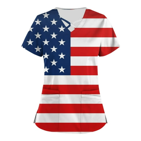 

Alrise USA Flag Tees Plus Size Independence Day Printed Scrub Working Uniform Tops For Women Cross V-Neck Short Sleeve Fun T-Shirts Workwear Tee With Pockets Dark Blue Small