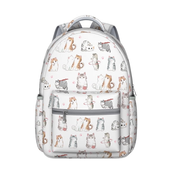 Funny Cat Illustration Student School Backpack with Paw Print Adorable Cartoon Artistic Watercolor Design Book Bag