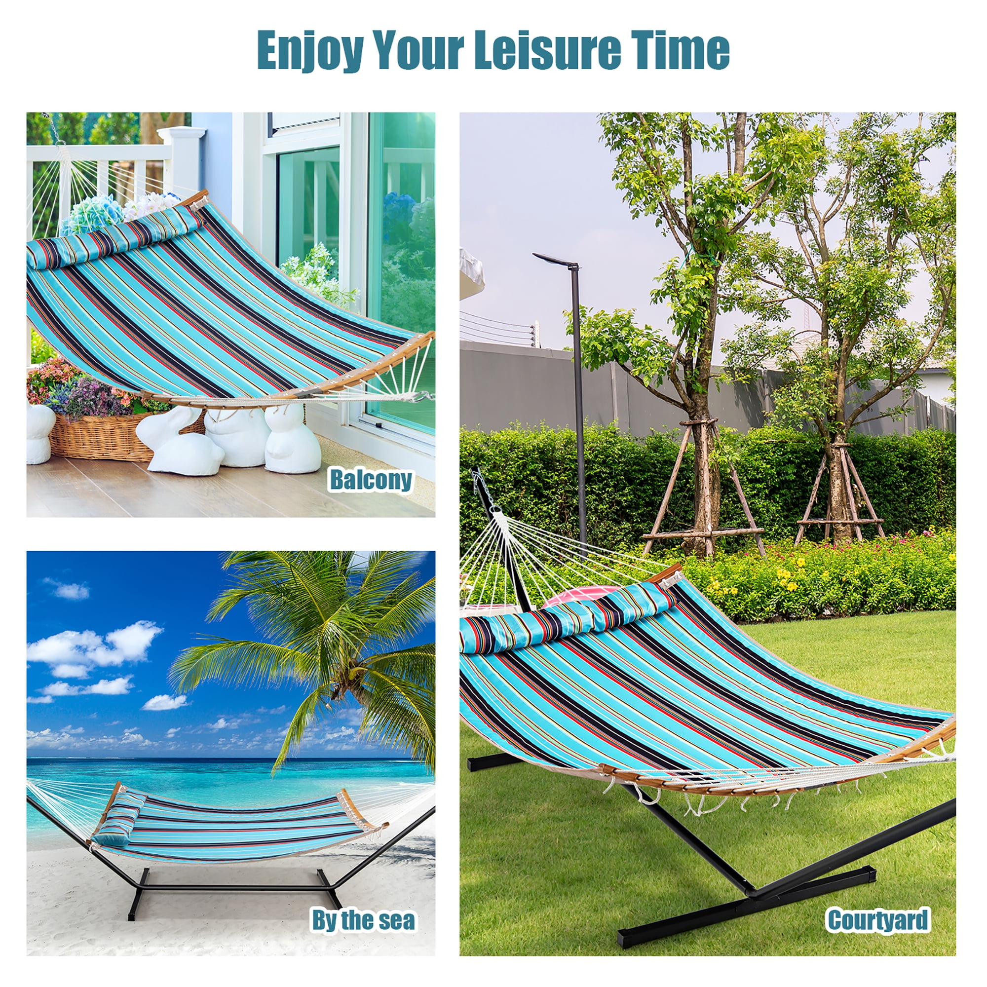 Costway Hammock w/ Pillow Curved Bamboo Spreader Bar Chain Portable Indoor Outdoor Blue