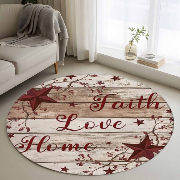 Round Area Rug 3 Ft, Vintage Farmhouse Washable Non-Slip Circle Carpet for Living Room/Bedroom, Brown Country Star Berries Wooden Grain Low-Profile Small Floor Mats Collection Rugs for Indoor