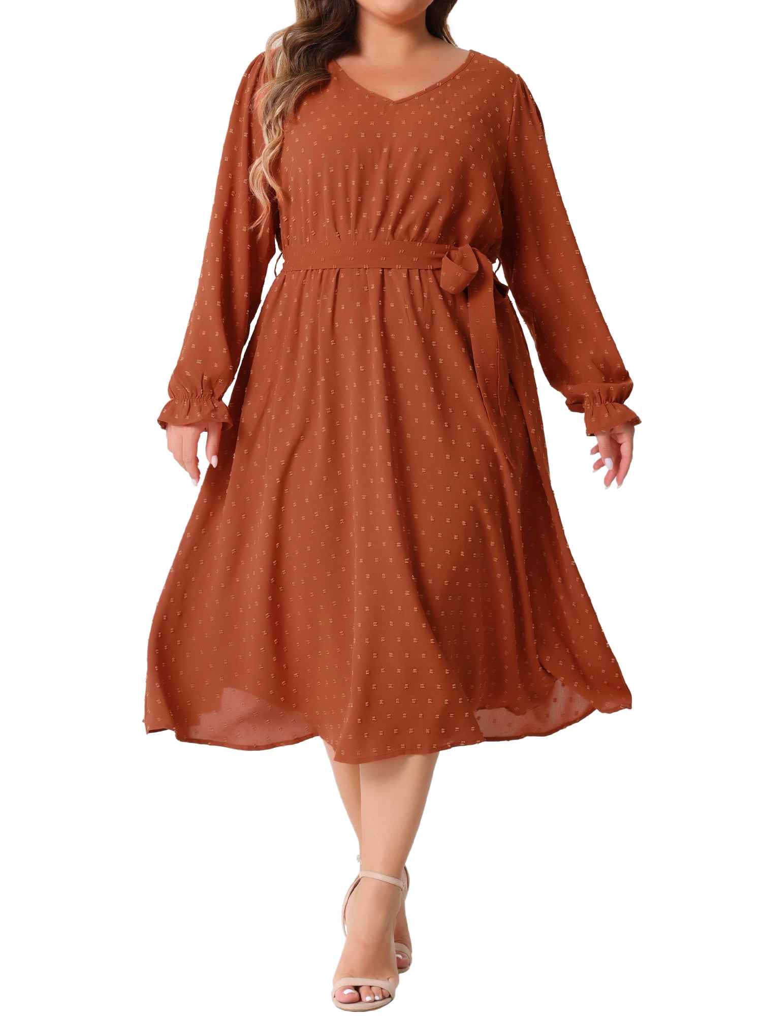 DARING DIVA Plus Size Swiss Dot V Neck Long Sleeve Midi Dress 4X Orange