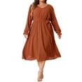 thumbnail image 2 of DARING DIVA Plus Size Swiss Dot V Neck Long Sleeve Midi Dress 1X Orange, 2 of 6