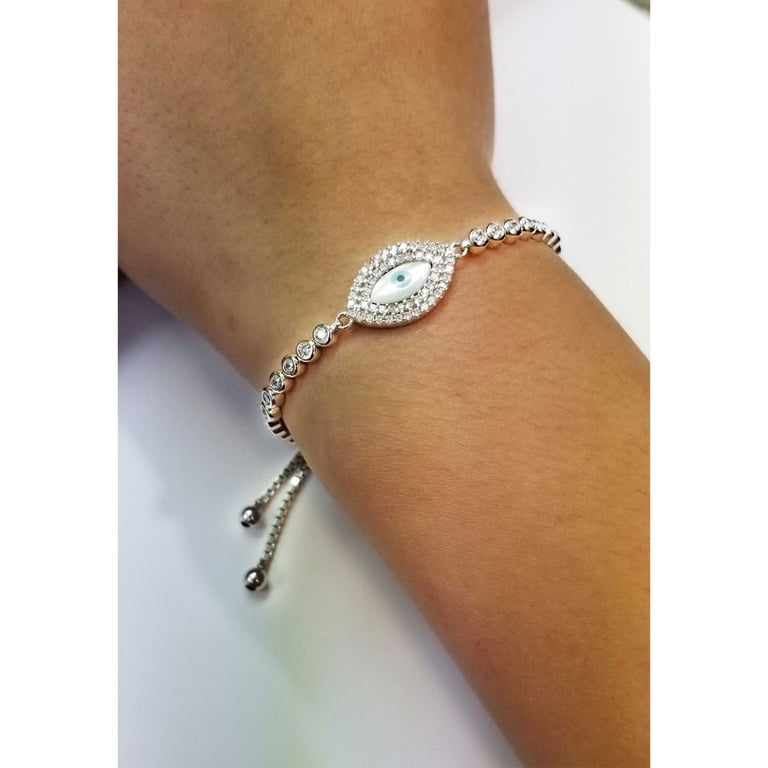Evil Eye Sterling Silver Bangle Bracelet For Women - Colorful CZ Stones