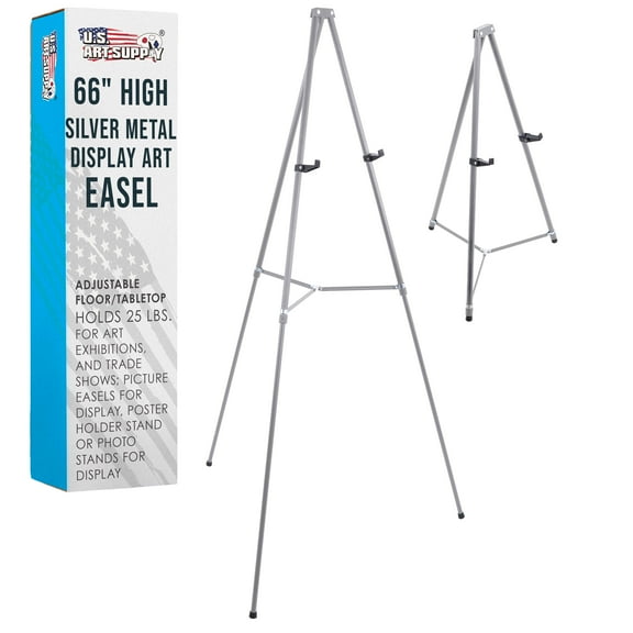 U.S. Art Supply 66" High Gallery Silver Aluminum Display Easel and Presentation Stand, Adjustable Floor and Tabletop Use