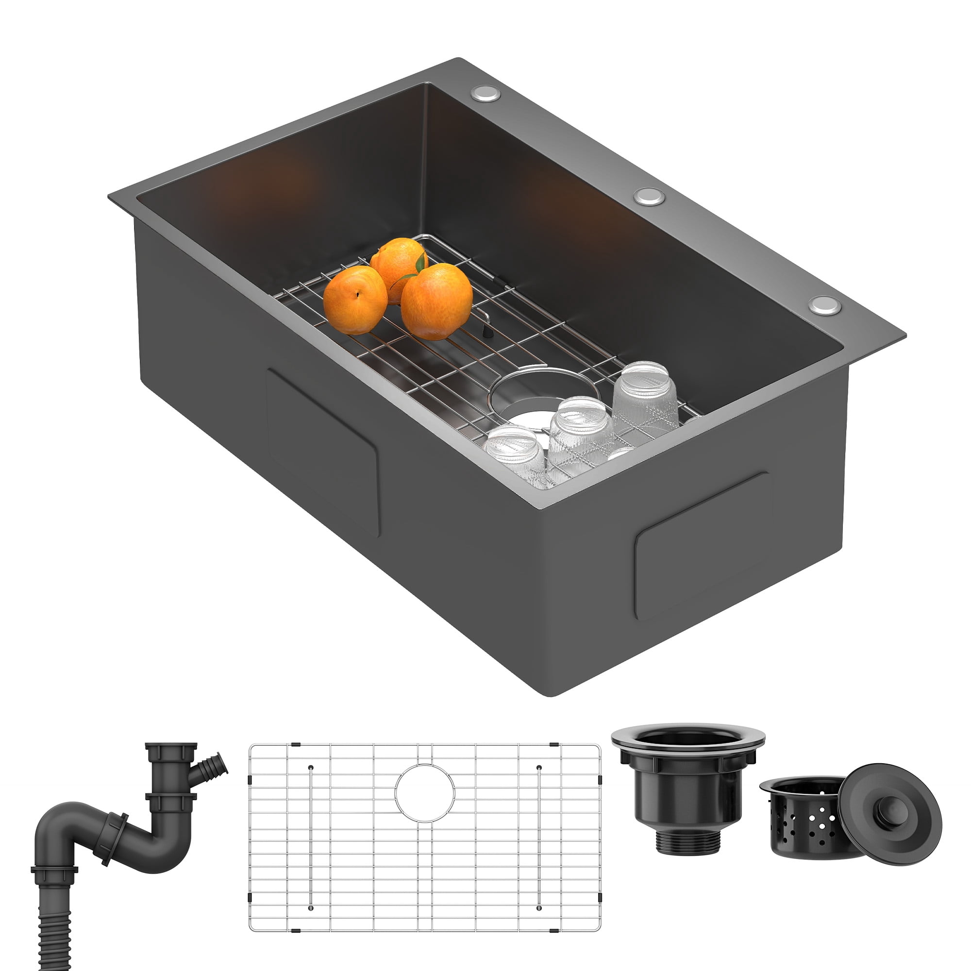 Uforic 33" Drop-In Black Stainless Steel Kitchen Sink, Single Bowl, Top Mount with Bottom Grid