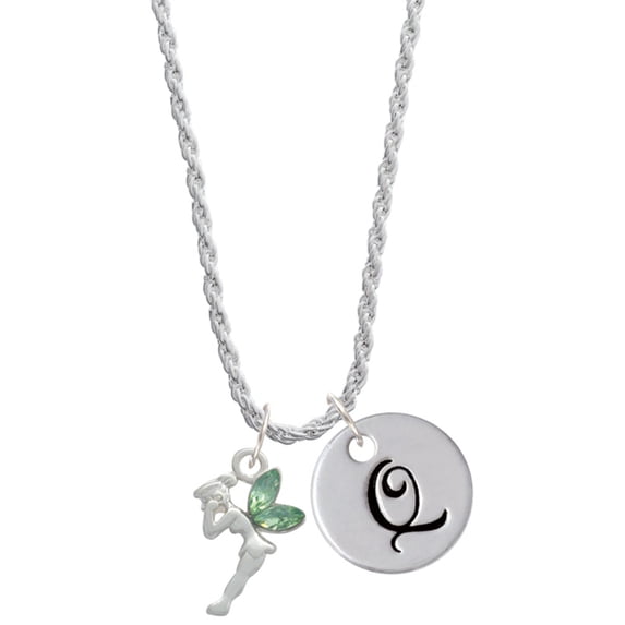 Delight Jewelry Silvertone Small Fairy with Lime Green Wings Silvertone Script Initial Disc - Q - Charm Necklace, 20"+3"