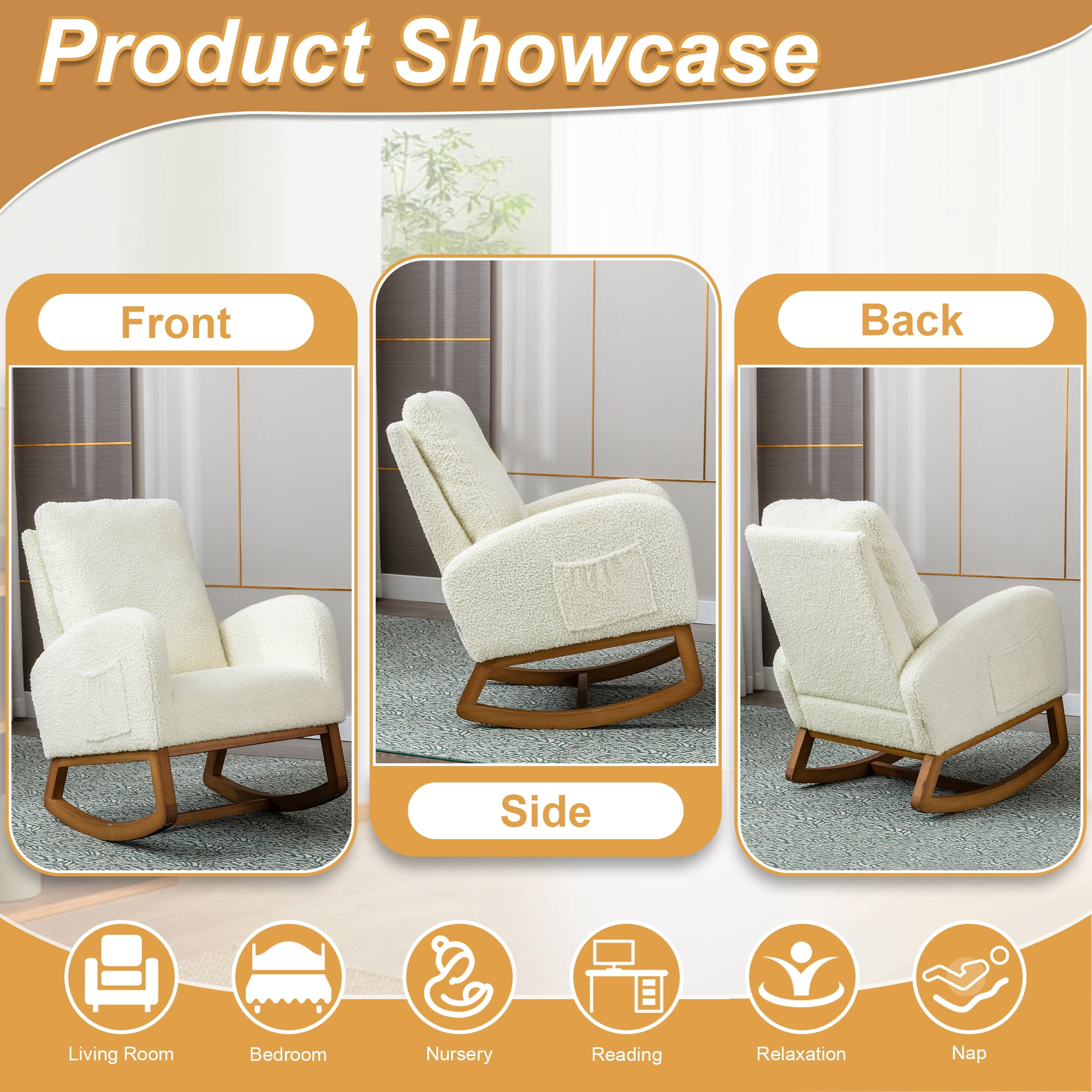 Lunale Rocking Chair for Nursery, High Back Adults Glider Rocker for Living Room, White Teddy