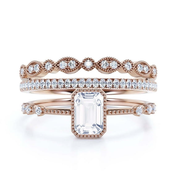 2.25 Carat Emerald Cut Diamond Moissanite Thin Engagement Ring, Slim Wedding Ring in 925 Sterling Silver With 18k Rose Gold Plating Gift For Her, Trio Rings Set, Promise Ring, Anniversary Ring
