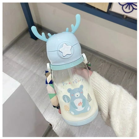

Water Bottle Antlers Shape Cartoon Print with Straw and Backing Strap Water Jar