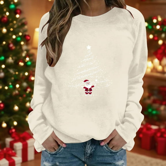 Christmas Sweatshirt For Women Trendy Christmas Tree Graphic Print Pullover Athletic Casual Crewneck Long Sleeve Tops Beige S