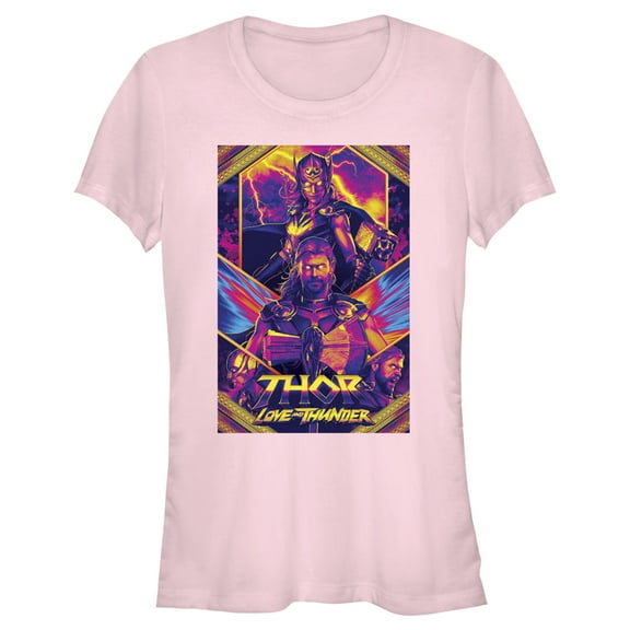 Junior's Marvel: Thor: Love and Thunder Heroes Poster  Graphic Tee Light Pink Small