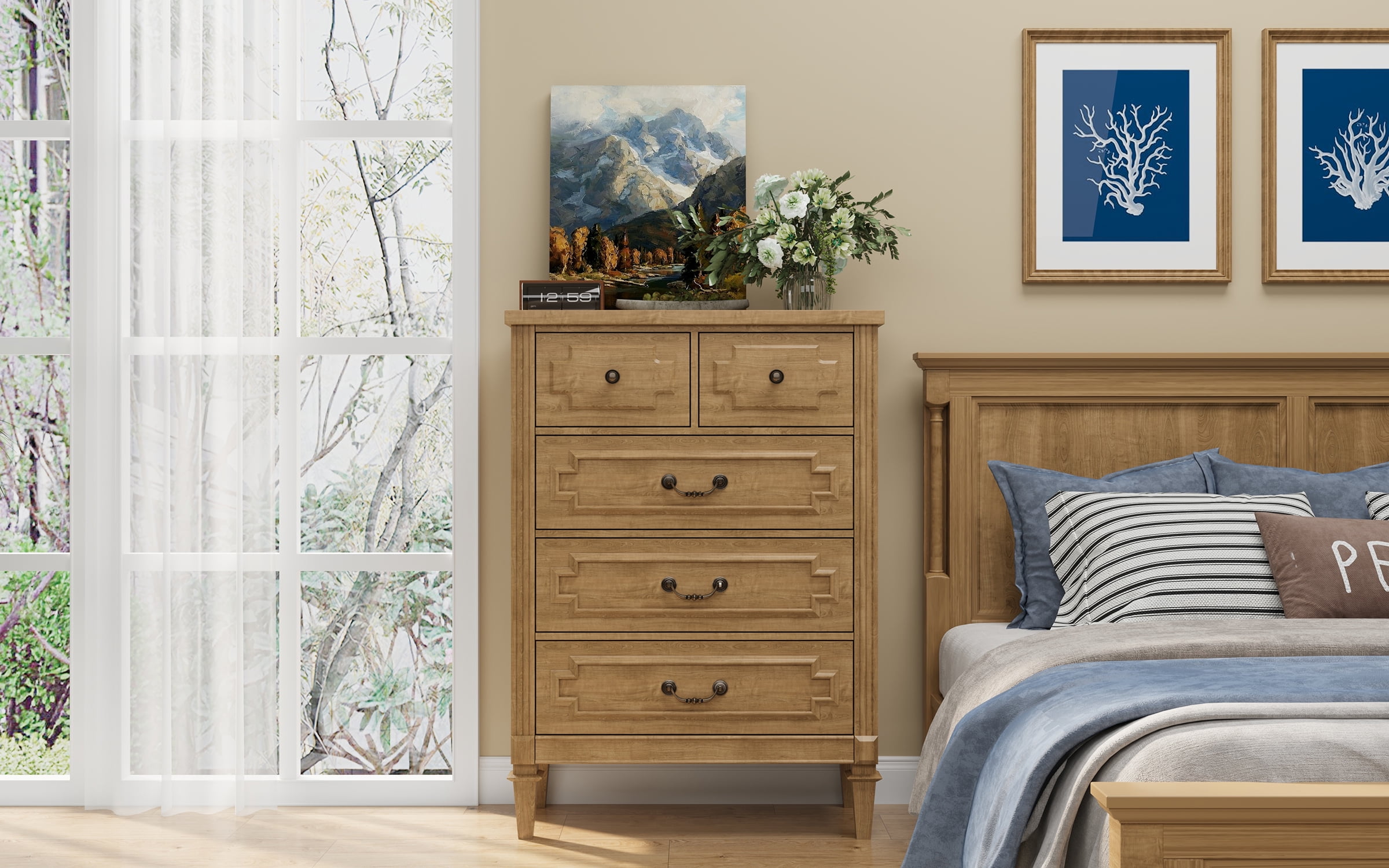 5 Drawers Dresser Chests for Bedroom, Wood Chset of Drawers, Dressers Organizer for Bedroom, Living Room, Hallway, Natural