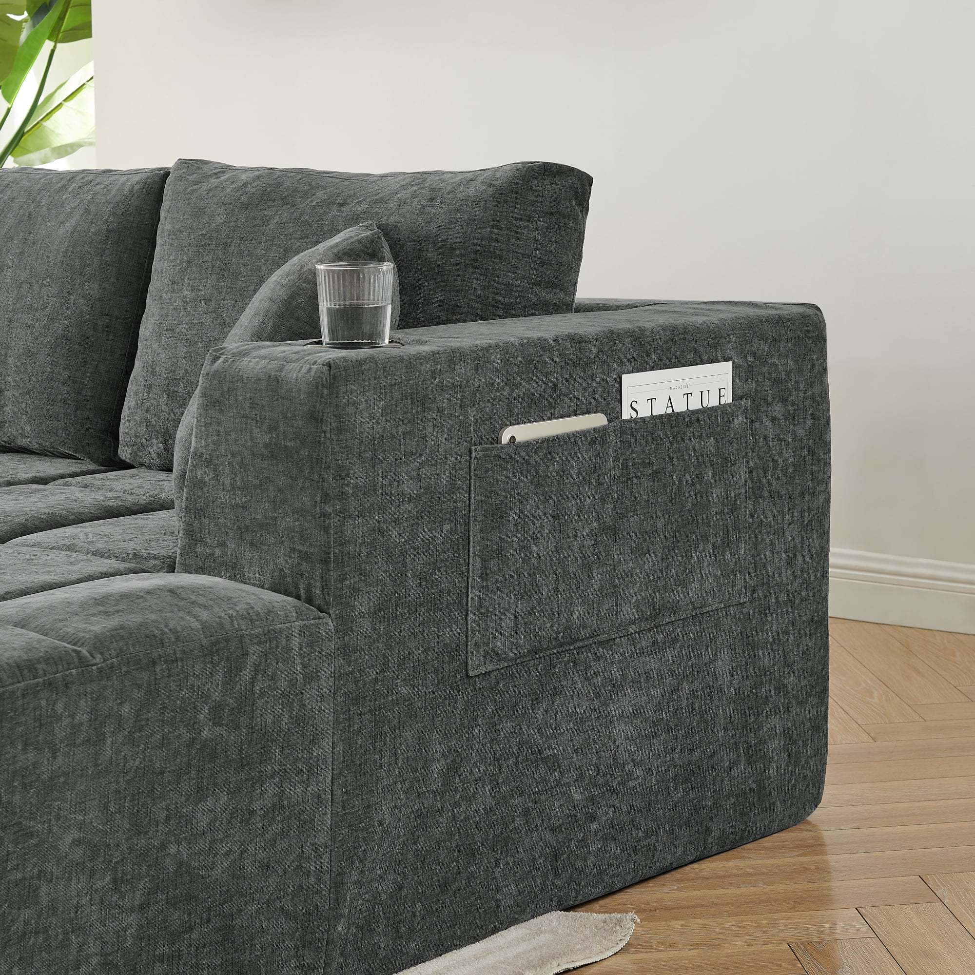 Leumius 132" U Shaped Sectional Sofa,Chenille Boneless Couch, Modern 4-Seat Upholstered Cloud Couch Sectional with Deep Seat and Cup Holders for Living Room,No Assembly Required,Dark Gray