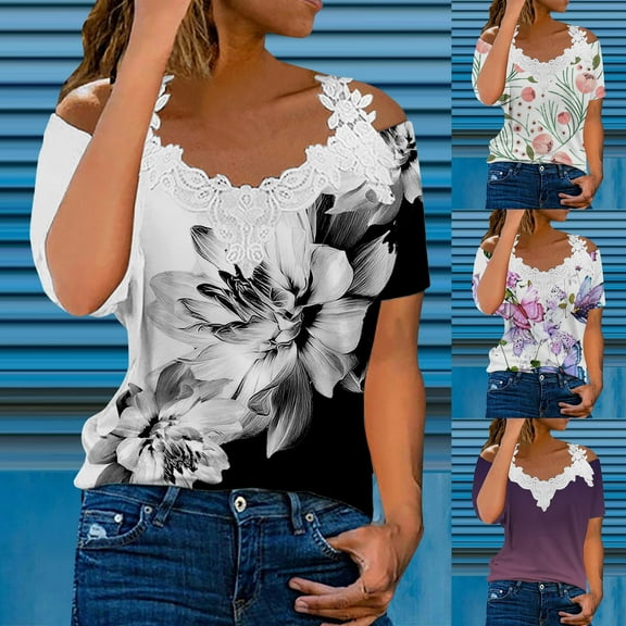 Patlollav Clearance Womans Summer Tops V-Neck Lace Patchwork Short Sleeve Sexy Blouse