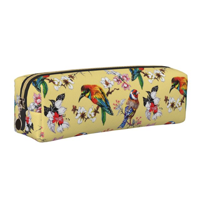 Vsdgher Beautiful Bright Birds And Flowers Print Leather Pencil Case, Makeup Pouch, Zipper Pouch for Daily Essentials, Storage Organizer, Cosmetics and Stationary Bag