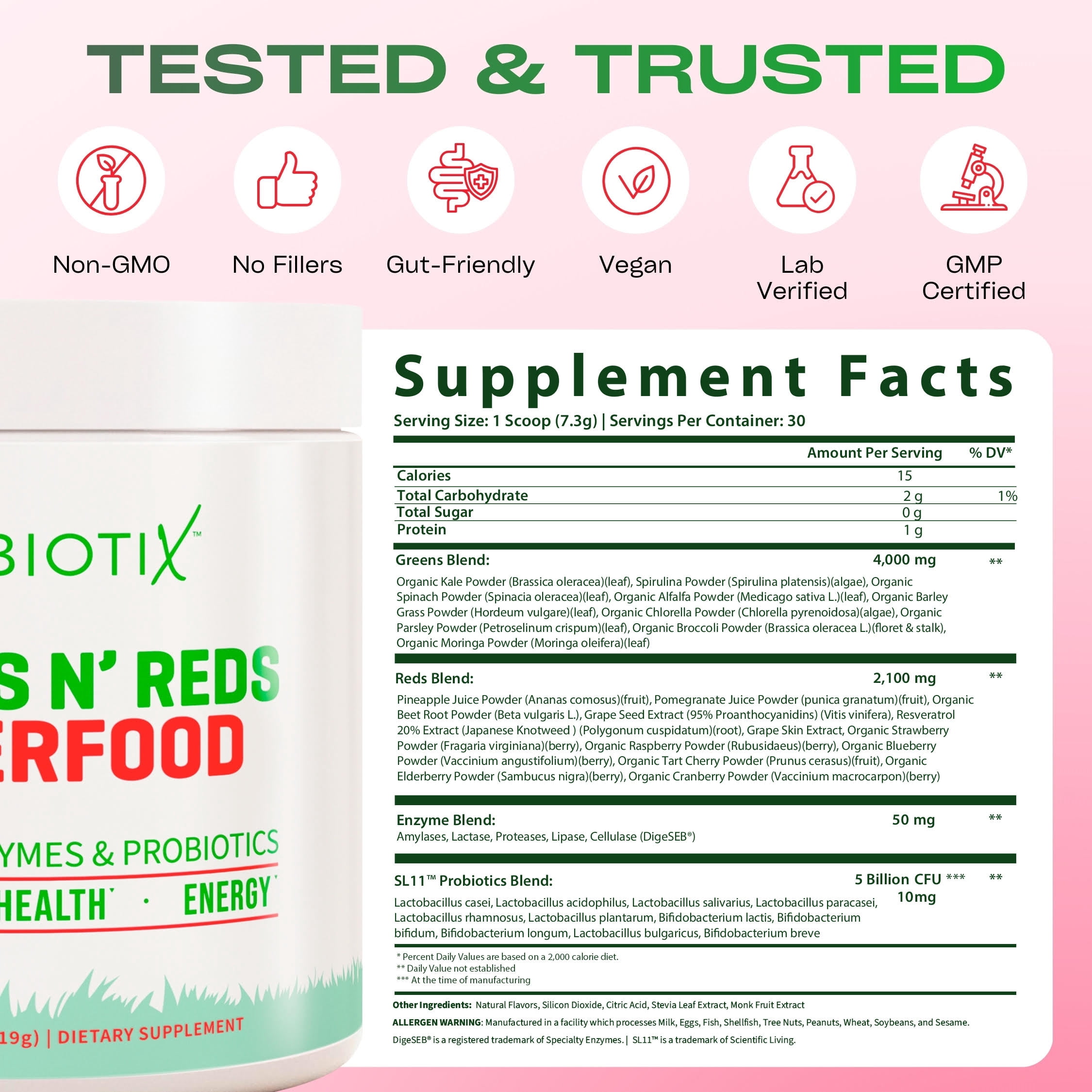 GoBiotix Super Greens & Reds Organic Super Greens Powder with Probiotics for Digestion, 30 Servings, Reds Flavor