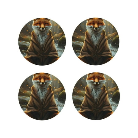 

Tideii Streamside Meditating Fox for Leather Coasters 4 Pieces Anti-fouling and Anti-scalding Decorative Coasters Suitable for Restaurants Kitchens Coffee Shops-Round Shape