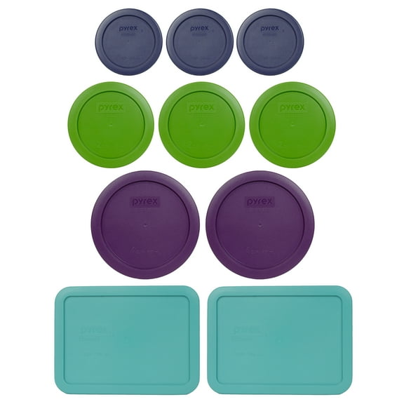 Pyrex (3) 7202-PC Dark Blue (3) 7200-PC Lawn Green, (2) 7201-PC Purple, and (2) 7210-PC Turquoise Plastic Replacement Lids