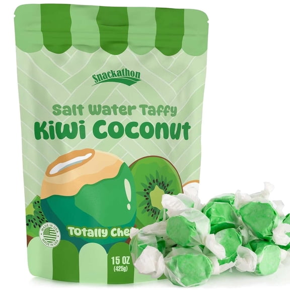 Snackathon Salt Water Taffy Single Flavor, Kiwi Coconut, Bulk Individually Wrapped Gourmet Candy, Soft & Chewy Sweet Treats, 15 oz Resealable Bag