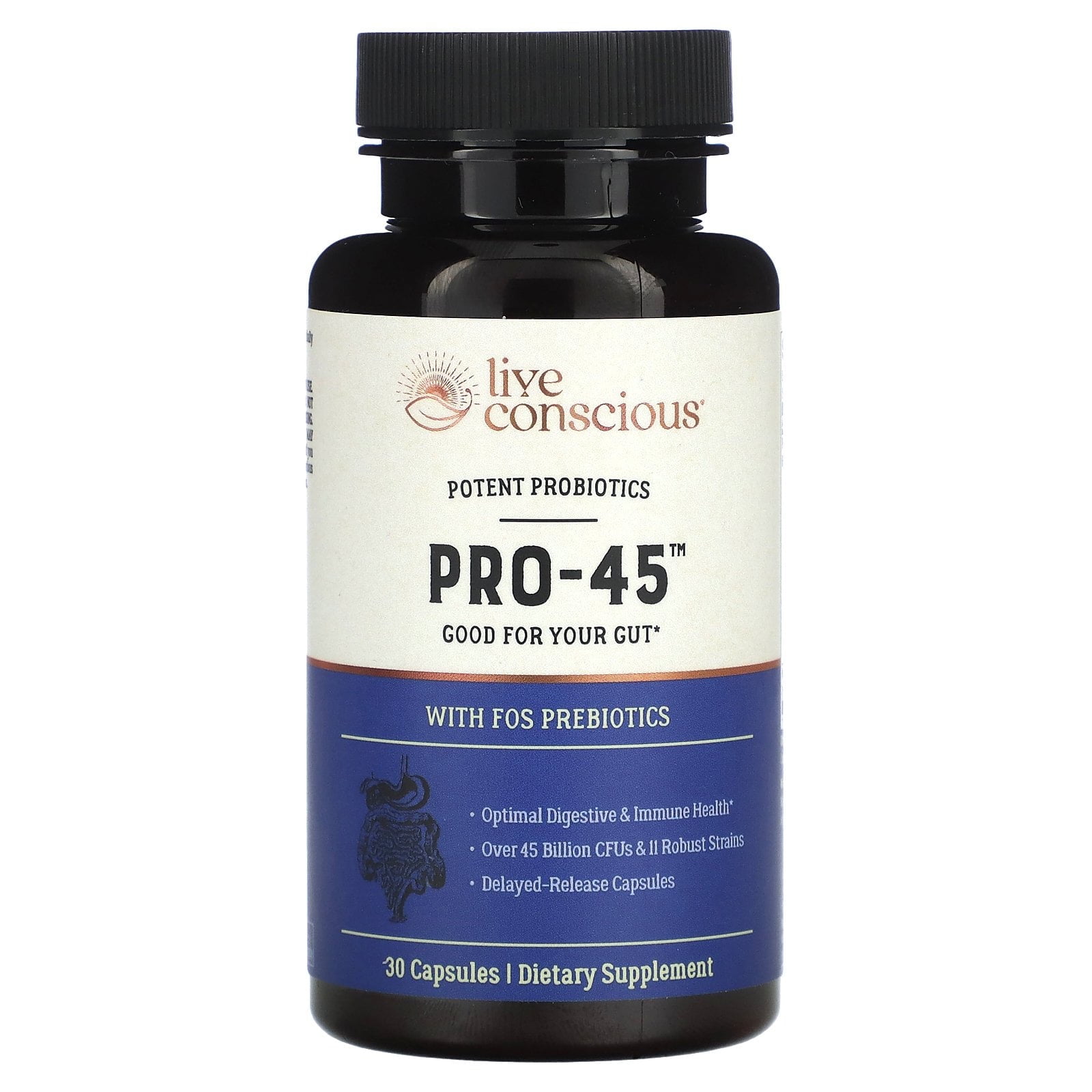 Live Conscious PRO45 Probiotics for Women & Men, 45 Billion CFU, 11 Strains, Immune & Gut Health Support, 30 Veggie Caps