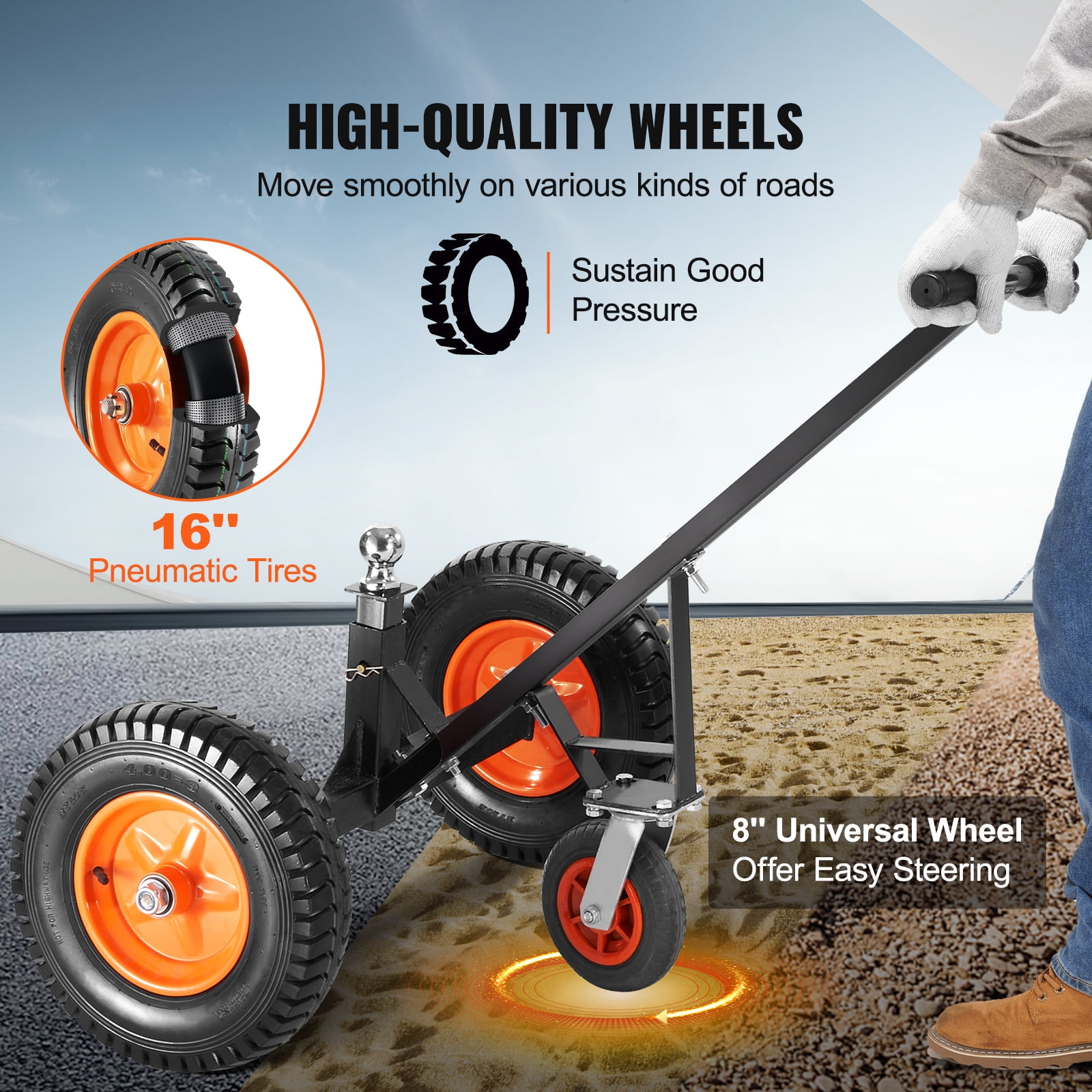 VEVOR Adjustable Trailer Dolly, Dolly for Trailer with 1-7/8'' Hitch Ball & 10'' Solid Tires, 16''-24'' Adjustable Height, 1000lbs Tongue Weight Capacity