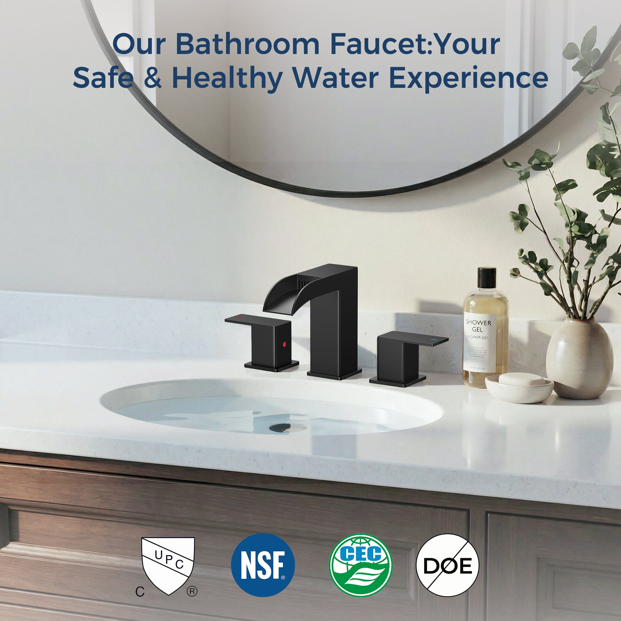 TVOFEK 8 inch Waterfall Bathroom Faucet 3 Hole, Matte Black Bathroom Sink Faucet with Metal Pop-up Drain, 2 Handle Stainless Steel Bathroom Water Faucets for Vanity Lavatory Restroom RV