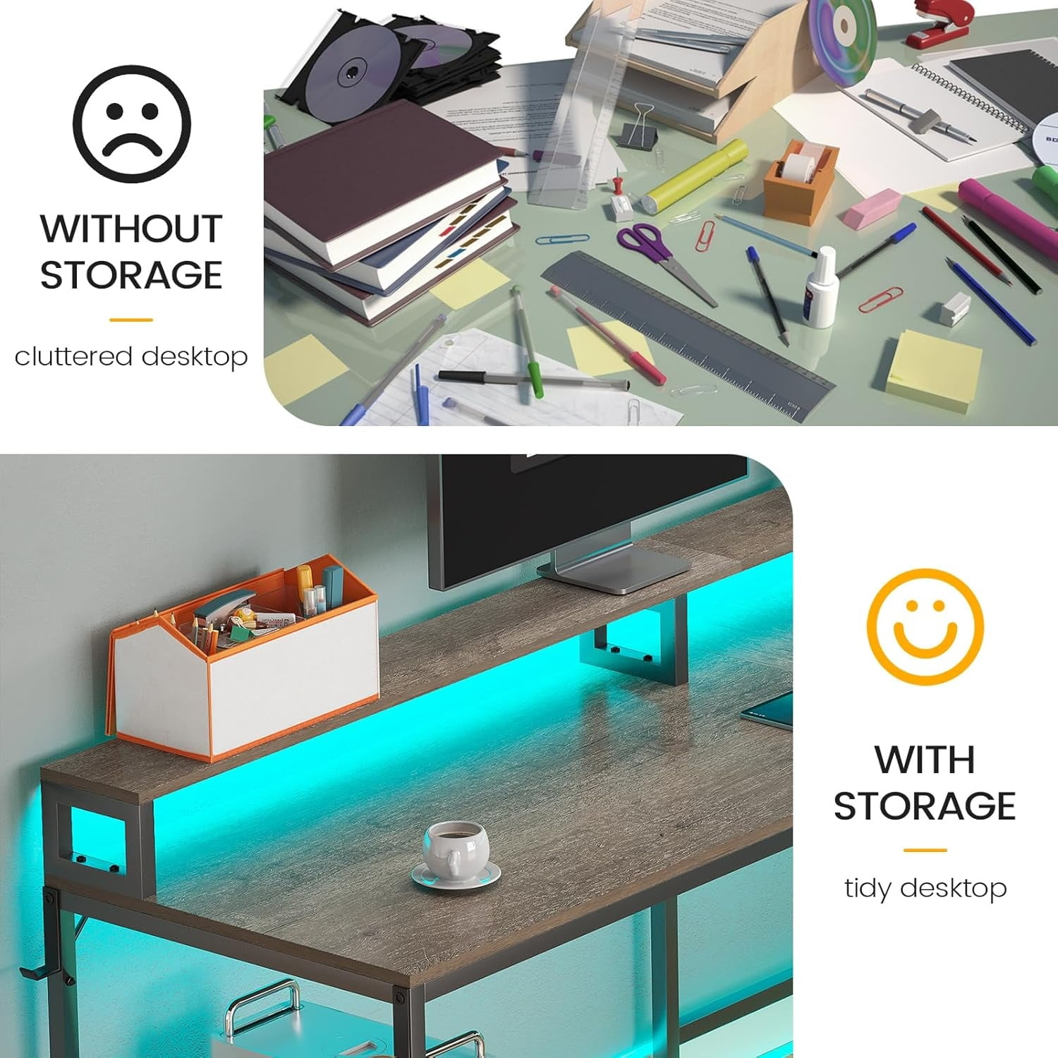 L Shaped Desk with Drawer and Power Outlet, 66" Home Office Desk Corner Computer Desk with Monitor Shelf, Printer Storage Shelves, Gaming Desk with Led Lights, Two Person Desk, Walnut