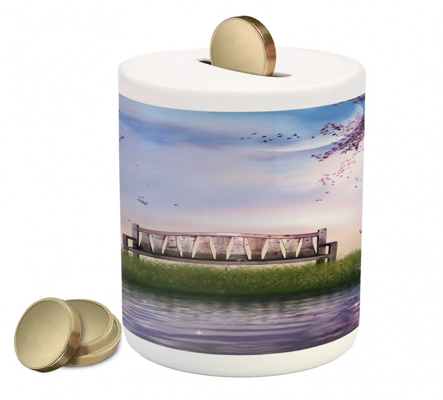 Nature Piggy Bank, Bench on Flowing River with Crescent Moon Lavender ...