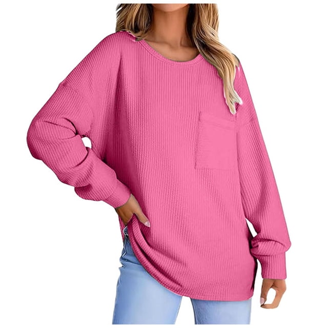 SNKSDGM Hauts Courts à Manches Longues pour Femmes Plus Femmes Chemises à Manches Longues Hauts Tuniques Décontractées Col Rond Chemises à Manches Longues Tricot Léger Haut S