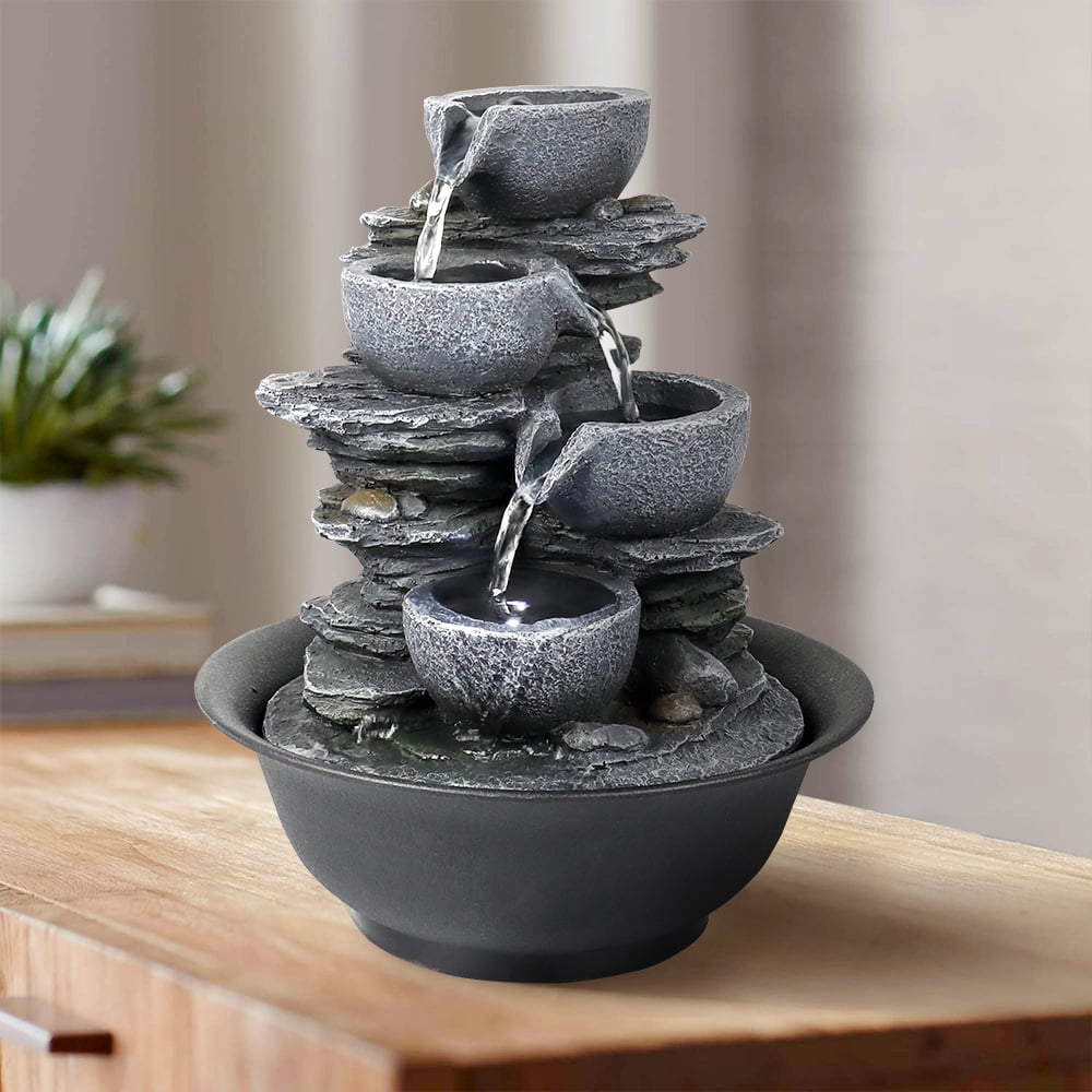 4-Tier Rock Falls Tabletop Water Fountain 11 2/5” Relaxation LED Lights & Ball 