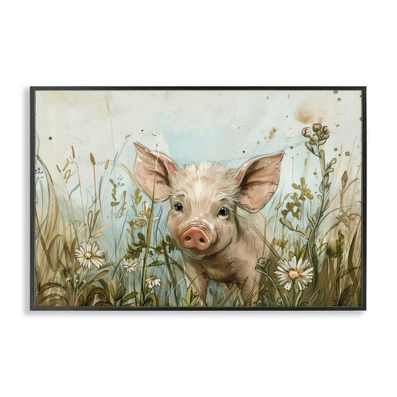 Stupell Industries Piglet Among Flowers Animals & Insects Painting Black Framed Art Print Wall Art, 18 x 12
