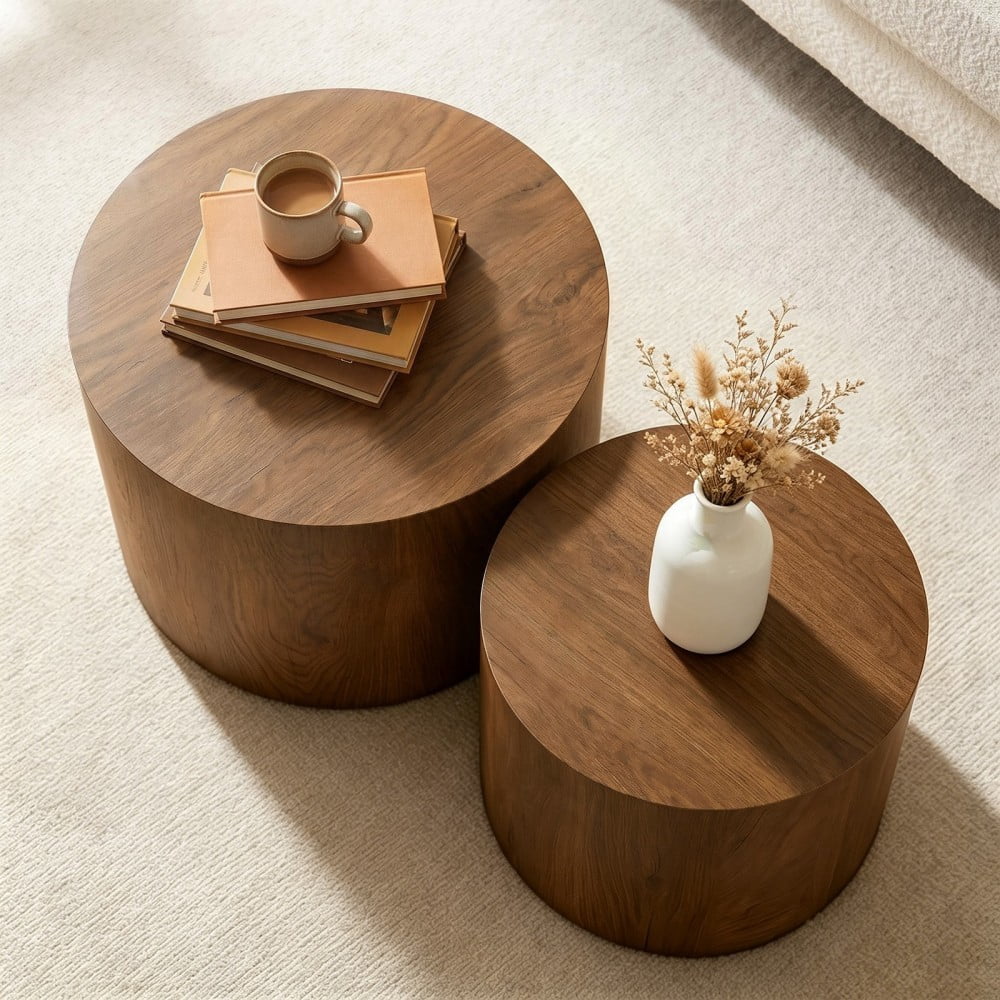 Nesting Coffee Table Set of 2, Modern Round Wood Side Tables with Non-Slip Feet, Small End Tables for Living Room, Bedroom, Office, Balcony, Small Spaces, Walnut
