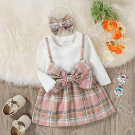

Baywell Infant Girls Fake Two-piece Dress Clothes Long Sleeve Bow Plaid Newborn Baby Girl Dresses With Hairband