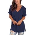 thumbnail image 4 of Women's V Neck T Shirts Casual Rolled Short Sleeve Side Split Summer Tops Loose Fit, 4 of 10
