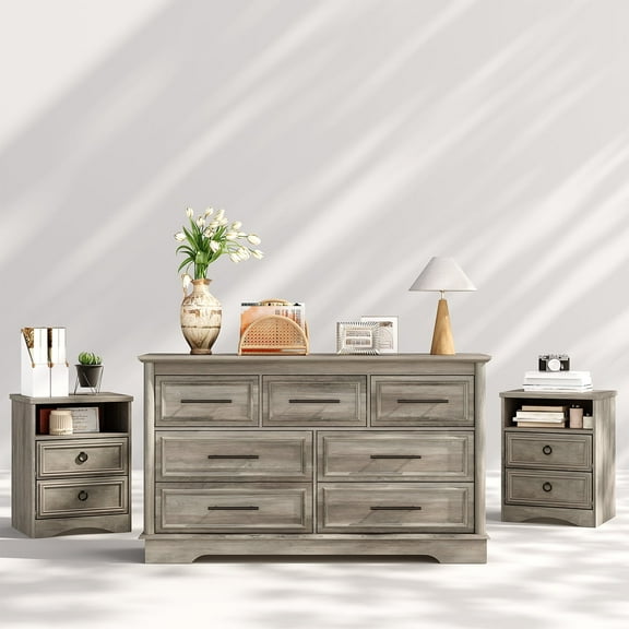 LGHM 3 Piece Bedroom Dresser Set, Farmhouse 7 Drawer Dresser, 2 Drawers Nightstand set of 2, Gray Wash