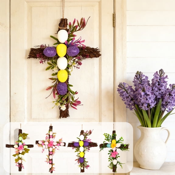 Nkmbld Easter Wreath with Cross, Easter Decoration Wooden Wreaths for Front Door Sign, Christian Jesus Flowers Ornaments Hanging Crafts for Party Porch Decor