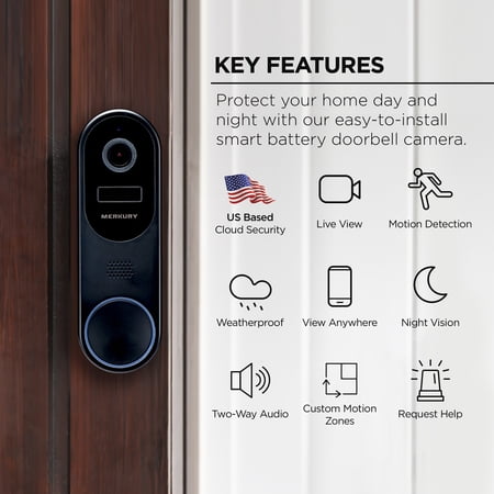 Merkury Smart Doorbell Camera - Wire-Free Battery Cam with Chime & Intelligent Alerts (1-Pack)