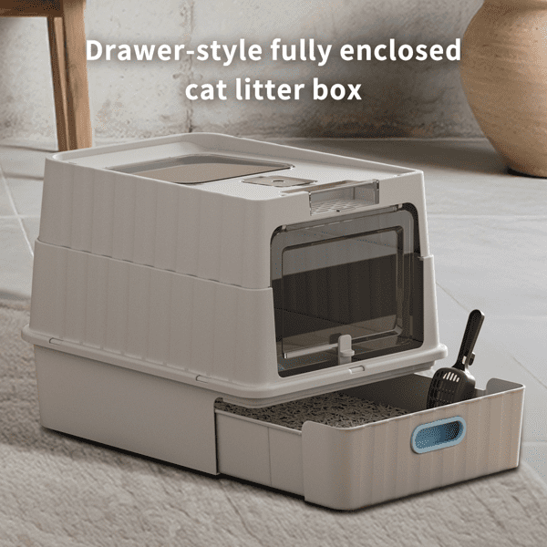 imerelez Black Thick Stainless Steel Fully Enclosed Cat Litter Box, Flip-Top 120° Wide Angle, Transparent Top, Odor Control with Carbon, Leak Proof, Large Space for Big Cats, Includes Scoop & Mat