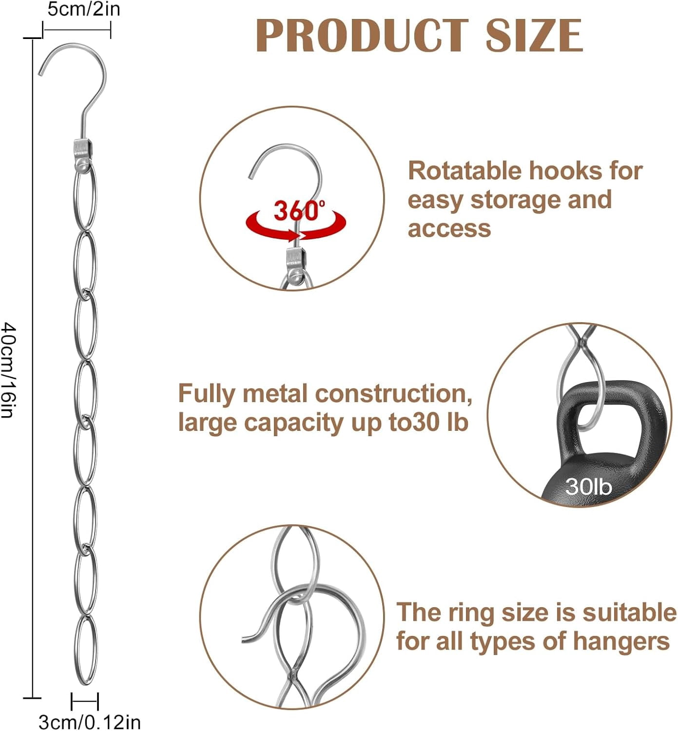 FRKSMD-80 Holes Clothing Chain Hangers, 10-Pack Metal Space Saving Hangers, 360 Degree Rotatable Hook for Easy Display and Access, Closet Organizers for Home, Travel, College Dorm Room