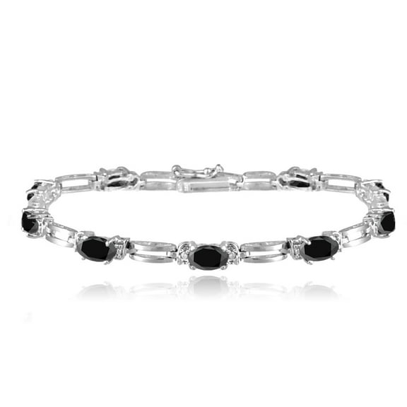 Silver Tone Sapphire & Diamond Accent Rectangle Link Bracelet