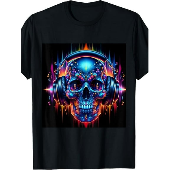 Day of the Dead Skull DJ Headset T-shirt-100% Cotton, Vintage Style, Short Sleeve, round Neck, Machine Washable, American Halloween, Shirt