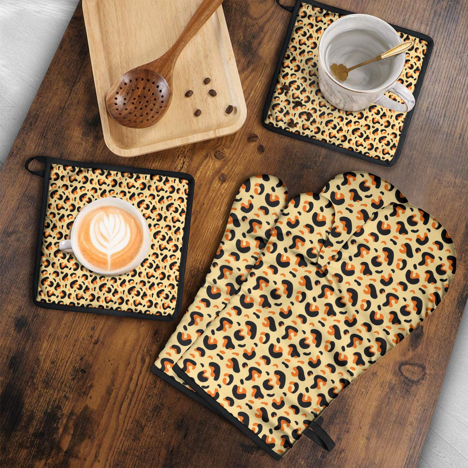 Leopard Print Oven Mitts and Pot Holders Set Of 4, Heat Resistant Kitchen Gloves with Non-Slip Grip, Hanging Loop, Soft Cotton Lining for Baking, Cooking, Grilling, Barbecue