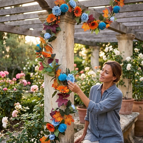 Fall Garland with Blue Rose for Decorations Fall Leaves Garland Thanksgiving Decorations Home Outdoor Decor